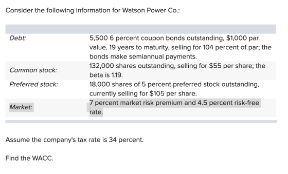 Consider the following information for Watson Power Co.: Debt: Common stock: 5,500 6 percent coupon bonds outstanding, $1,000