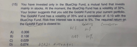 (15) You have invested only in the BlueChip Fund, a mutual fund that invests mainly in stocks. At the moment, the BlueChip Fu
