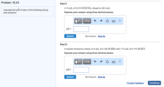 Calculate the pH of each of the following strong a