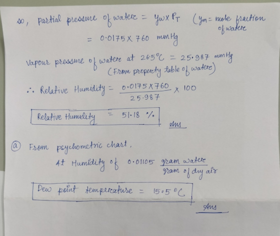 of watere - so, partial presure of watere = ywx PT Yw x PT (Ym = mole fraction 0.0175 X 760 mm Hg Vapour pressure watere at 2