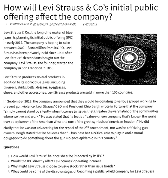 How will Levi Strauss & Cos initial public offering affect the company? ; JANUARY ..019 BY UP VENDY Tit 17.CPA, CMA, CSCA, C