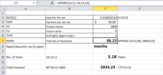 c7 fc =NPER(C2,C3,-C4,C5, C6) A B C D 1 2 RATE(i) 3 PMT $ 0.010833333 0.13/12 90.00 28001 4 PV Rate Per Period Payment per pe