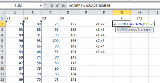SUM - Xfx =CORREL(A2:A26,B2:B26 A B C D E F G H - 1 x1 X2 x3 X4 r 2 73 80 75 152 r^2 =CORREL(A2:A26,B2:326 CORREL(array1, arr