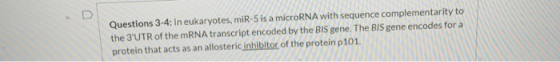 Questions 3-4: In eukaryotes, miR-5 is a microRNA with sequence complementarity to the 3UTR of the mRNA transcript encoded b