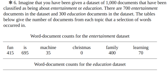** 6. Imagine that you have been given a dataset of 1,000 documents that have beern classified as being about entertainment or education. There are 700 entertainment documents in the dataset and 300 education documents in the dataset. The tables below give the number of documents from each topic that a selection of words occurred in Word-document counts for the entertainment dataset christmas 0 learning 70 funIS familV 400 machine 415 695 35 Word-document counts for the education dataset