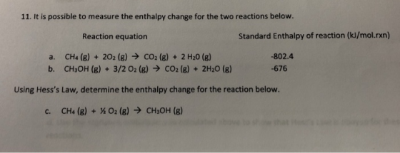 11. It is possible to measure the enthalpy change for the two reactions below. Reaction equation Standard Enthalpy of reactio