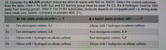 15. Consider the MAJOR product outcomes when 8 reacts with Nal vs. NaOH. Select the correct outcomes from the table. (Hint 1: