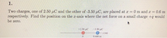 1. Two charges, one of 2.50 C and the other of -3.50 C, are placed at 0 m and z 0.6 rm respectively. Find the position on the z-axis where the net force on a small charge +g would be zero 2.50 C350 0,600 m
