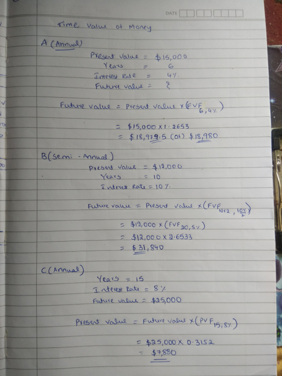DATE rime Value of Money A (Annual) $15,000 Present Value = Years Interest Rate Future value = 4 %. ? Future value = present