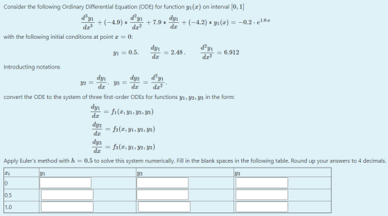 dyi dạy1 Yi = 0.5 Consider the following Ordinary Differential Equation (ODE) for function yı (2) on interval [0, 1] dyi +(-
