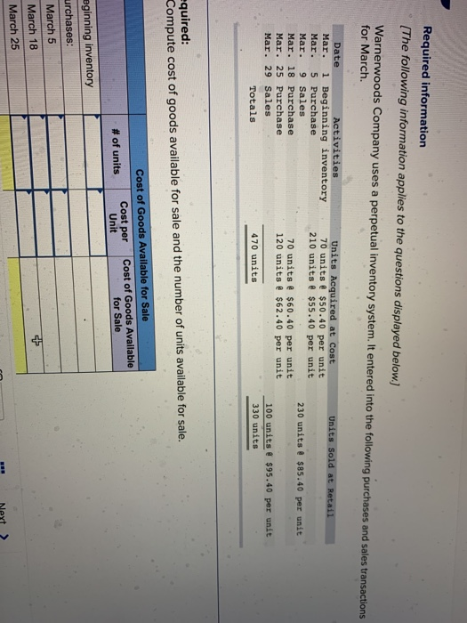 Required information (The following information applies to the questions displayed below.) Warnerwoods Company uses a perpetu