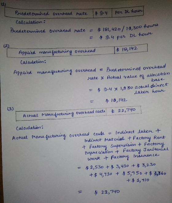 overhead rate & 9.4 per DL houry Predetermined Calculation: Predetermined overhead rate = = $ 181, 420/ 19,300 hown $9.4 per
