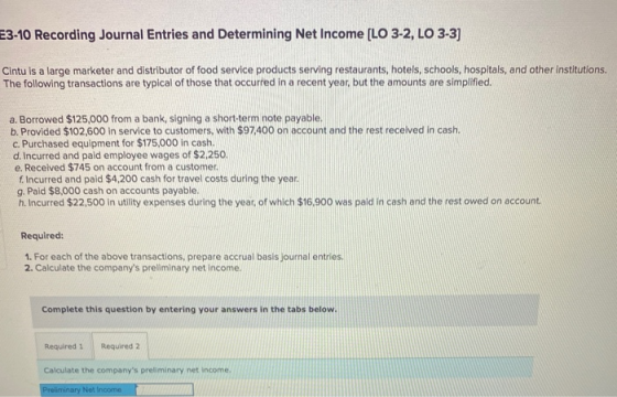E3-10 Recording Journal Entries and Determining Net Income [LO 3-2, LO 3-3) Cintu is a large marketer and distributor of food