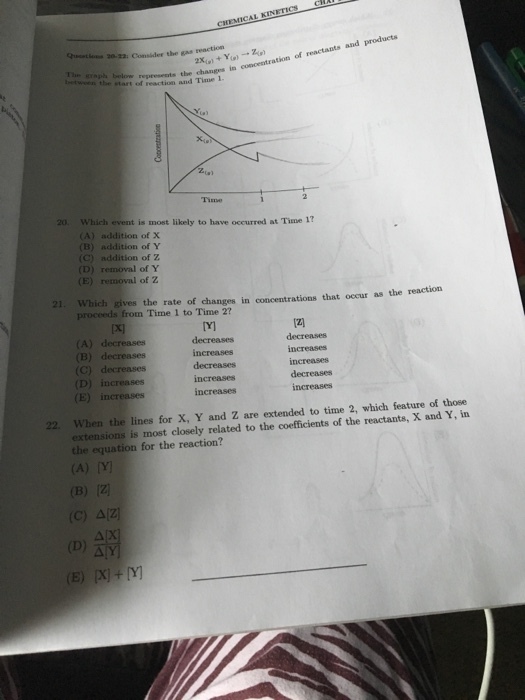 CHEMICAL KINETICS ch 20-13. Consider the gas reaction retween the start of reaction and Time 1. tus rhasgos io concestration of reactants and products Time Which event is most likely to have occurred at Time 1? (A) addition of X (B) addition of Y (C) addition of Z (D) removal of Y (E) removal of Z 20. 21. Which gives the rate of changes in concentrations that occur as the reaction proceeds from Time 1 to Time 2? TYl decreases [21 decreases (A) decreases increases (D) increases (E) increases 22. When the lines for X, Y and Z are extended to time 2, which feature of those extensions is most closely related to the coefficients of the reactants, X and Y, in the equation for the reaction? (C) A(Z)