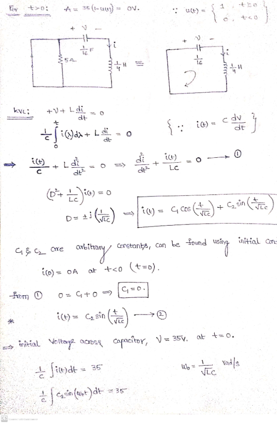 *= 35 (-44- ov. 4 카 i th toe 35 2 kyl: +V+ L di + dt { : id) = cov dt 5 Liwdd + Ledig (6) + LA 0 O 0 = > ice) LC + dt² dt (0+