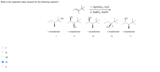 What is the expected major product for the following reaction? 1. Hg(ОАс)2, НО 2. NaBH4, NaOH ОН * ОН + enantiomer + enantiom