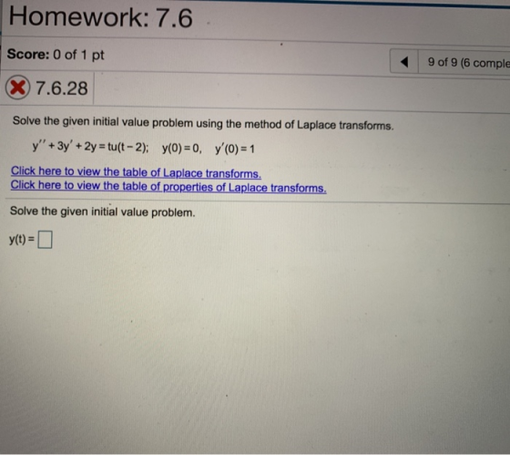 Homework: 7.6 Score:0 of 1 pt 9 of 9 (6 comple X7.6.28 Solve the given initial value problem using the method of Laplace tran