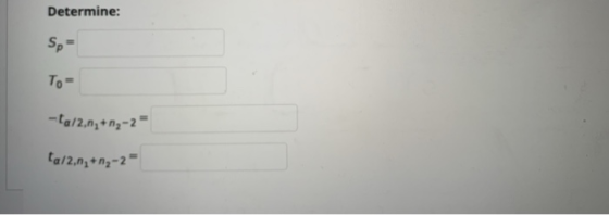 Determine: Sp- To -ta/2,n,+n2-2- {a/2,0₂ +02-2