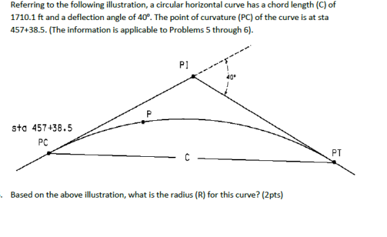 Referring to the following illustration, a circular horizontal curve has a chord length (C) of 1710.1 ft and a deflection ang