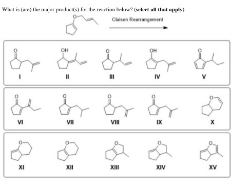 What is (are) the major product(s) for the reaction below? (select all that apply) Claisen Rearrangement OH OH 11 III IV VI V