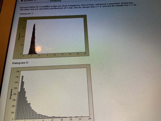 Pictured below an scrambled order) are three histograms: One of them represents a population distribution The other two are s