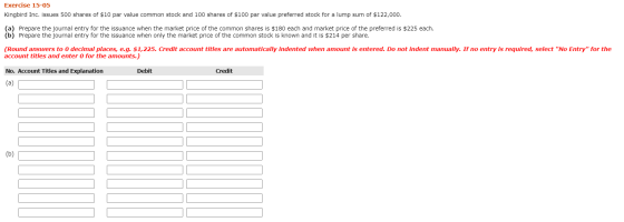 Exercise 15-05 Kingbird Inc. issues 500 shares of $10 par value common stock and 100 shares of $100 par value preferred stock