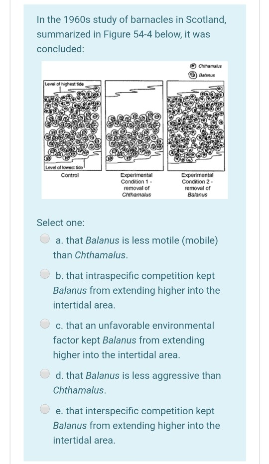 In the 1960s study of barnacles in Scotland, summarized in Figure 54-4 below, it was concluded: Chrhamatus Balans Level of Ng