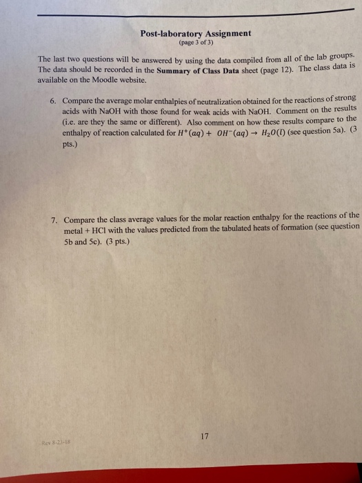 Post-laboratory Assignment (page 3 of 3) The last two questions will be answered by using the data comniled from all of the l