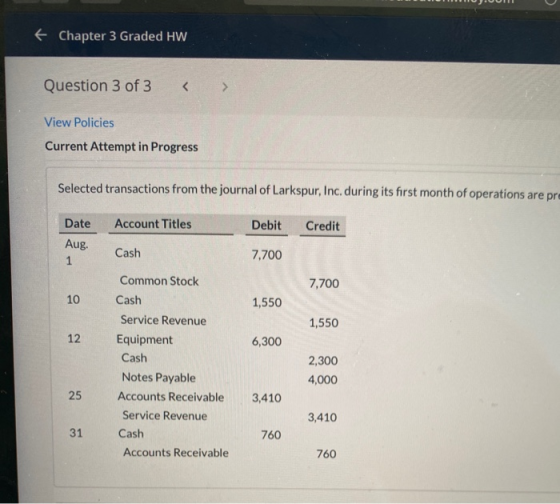 + Chapter 3 Graded HW Question 3 of 3 View Policies Current Attempt in Progress Selected transactions from the journal of Lar