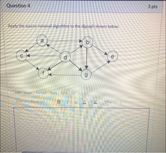 Question 4 3 pts Apply the source-removal algorithm to the digraph shown below. a b с d e g Edit Insert Format Tools Table 12