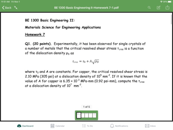 91% 11:51 AM Fri Nov 1 <Back * BE 1300 Basic Engineering Il-Homework 7-1.pdf BE 1300 Basic Engineering II: Materials Science