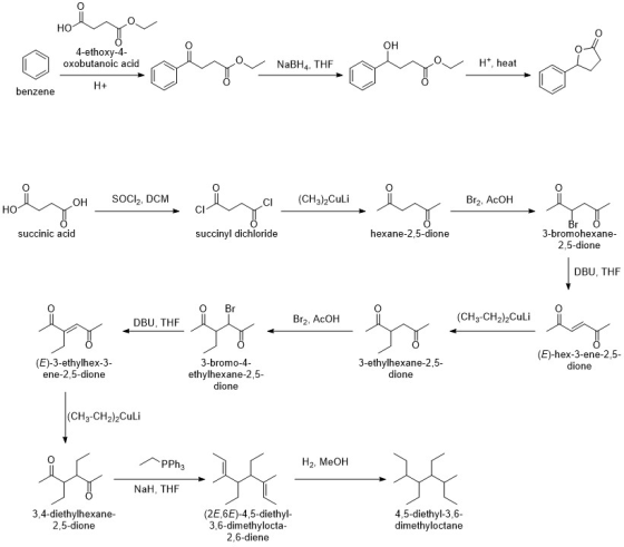 HO 4-ethoxy-4- oxobutanoic acid NaBH4, THF Ht, heat H + benzene o onomeno why-dynay boy OH SOCI, DCM CI (CH3)2Culi Brz, AcOH