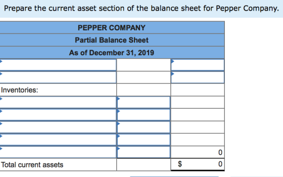 Prepare the current asset section of the balance sheet for Pepper Company. PEPPER COMPANY Partial Balance Sheet As of Decembe