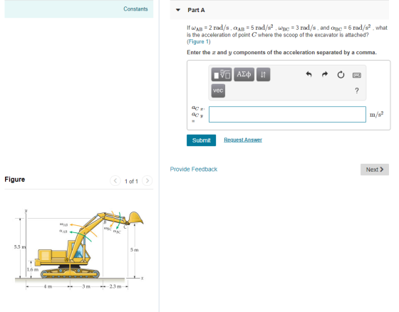 Constants Part A lfaAB-2 rad/s. αΑΒ-5 rad/s2 , unc-3 rad/s , and aBC-6 rad/s2 , what is the acceleration of point C where the