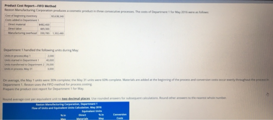 Product Cost Report-FIFO Method Reston Manufacturing Corporation produces a cosmetic product in three consecutive processes.