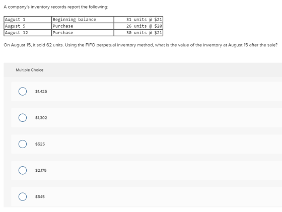 A companys inventory records report the following: August 1 August 5 August 12 Beginning balance Purchase Purchase 31 units