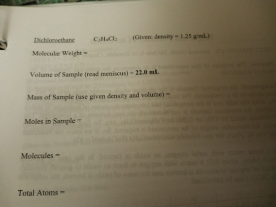 Dichloroethane CH.CI (Given: density - 1.25 g/mL) Molecular Weight Volume of Sample (read meniscus) = 22.0 mL Mass of Sample