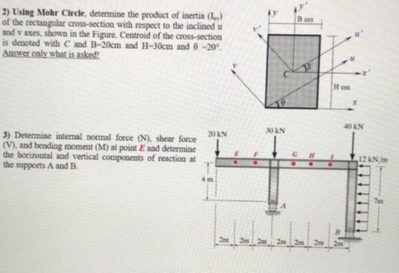 Bern 2) Using Mohr Circle, determine the product of inertia (1) of the rectangular cross-section with respect to the inclined