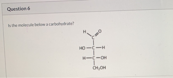 Question 6 Is the molecule below a carbohydrate? HỌ -C-H. н—с-он CH OH