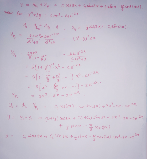 Ya+Yp G cos3x + Gsin 3x + 12 surse - e cos (3H). now for yu+gy -2x = 2703_26 y, lea yot yer w you -20 272396e yer G cos (3x)
