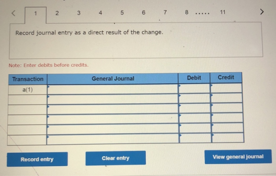 11 6 8 3 5 1 2 Record journal entry as a direct result of the change. Note: Enter debits before credits. Credit Debit General