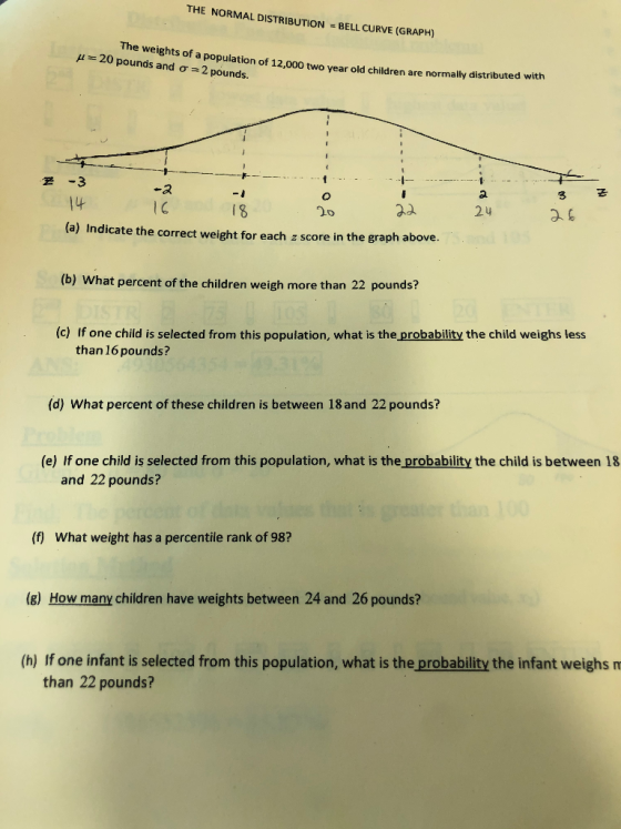 THE NORMAL DISTRIBUTION = BELL CURVE (GRAPH) the weights of a population of 12.000 two year old children are normally distrib