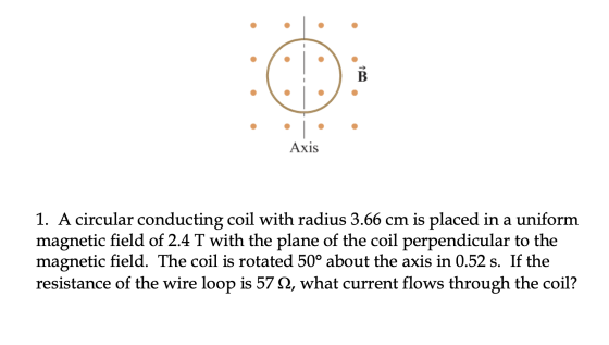 . . Axis 1. A circular conducting coil with radius 3.66 cm is placed in a uniform magnetic field of 2.4 T with the plane of t