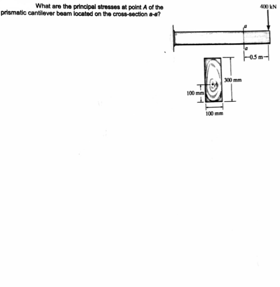 What are the principal stresses at point A of the prismatic cantilever beam located on the cross-section a-a? 400 KN 0.5 m 30