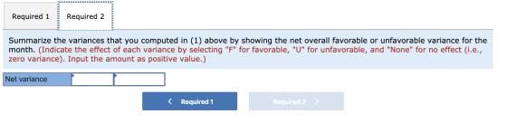 Required 1 Required 2 Summarize the variances that you computed in (1) above by showing the net overall favorable or unfavora