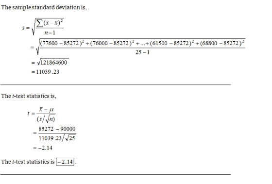 The sample standard deviation is, n-1 (77600 - 85272)(76000 - 85272)2 + ...+ (61500 85272)2 (68800 -85272) 25-1 = v12 1864600