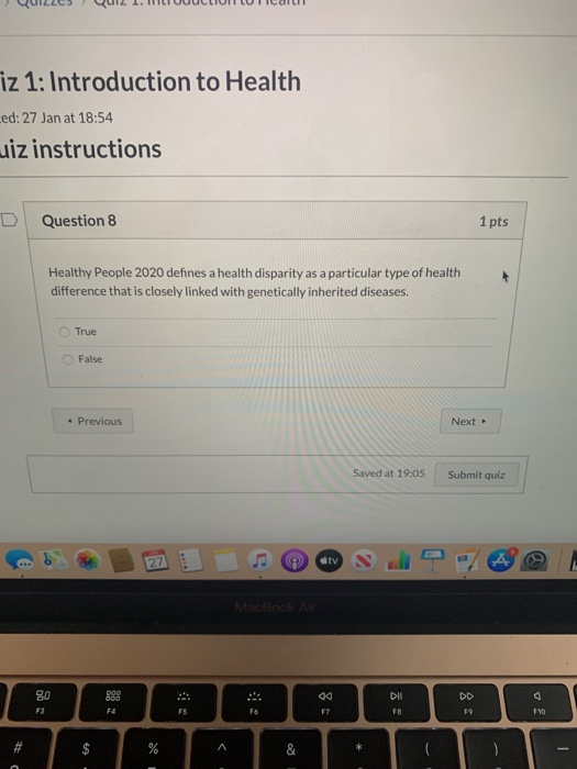 CUZZC5 CU 1. HILI UUUCLIUI LUTCalli iz 1: Introduction to Health Led: 27 Jan at 18:54 uiz instructions Question 8 1 pts Healt