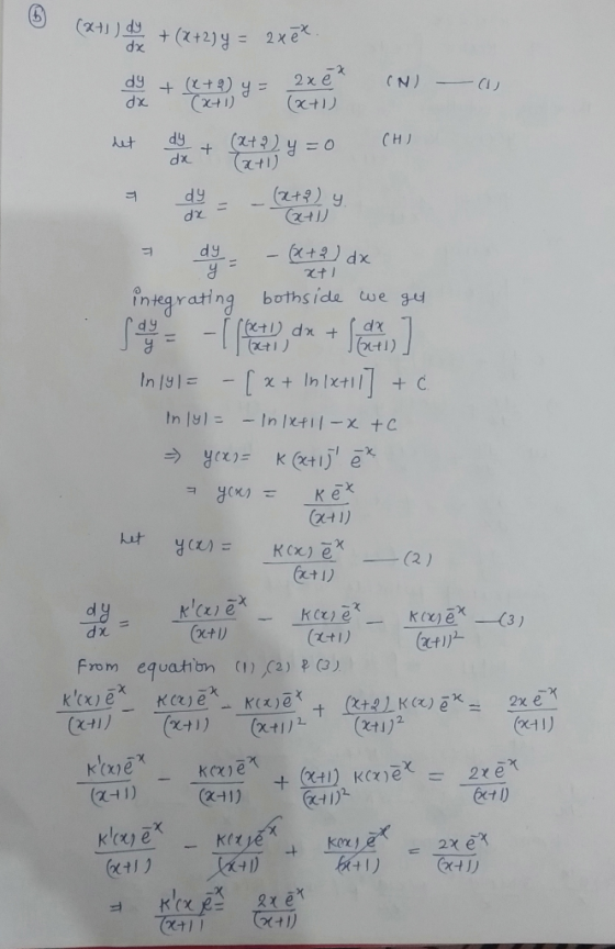 x1)dy + (Z+2) 님 = xp 2xe . + +9) 2 xe (xt1) CN) xP x+1) dy + dx t1) ut CH) (2t9) y dP integrating boths ide we g4 xt1) In 191