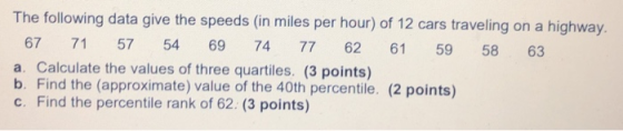 The following data give the speeds (in miles per hour) of 12 cars traveling on a highway. 67 71 57 54 69 74 77 62 61 59 58 63