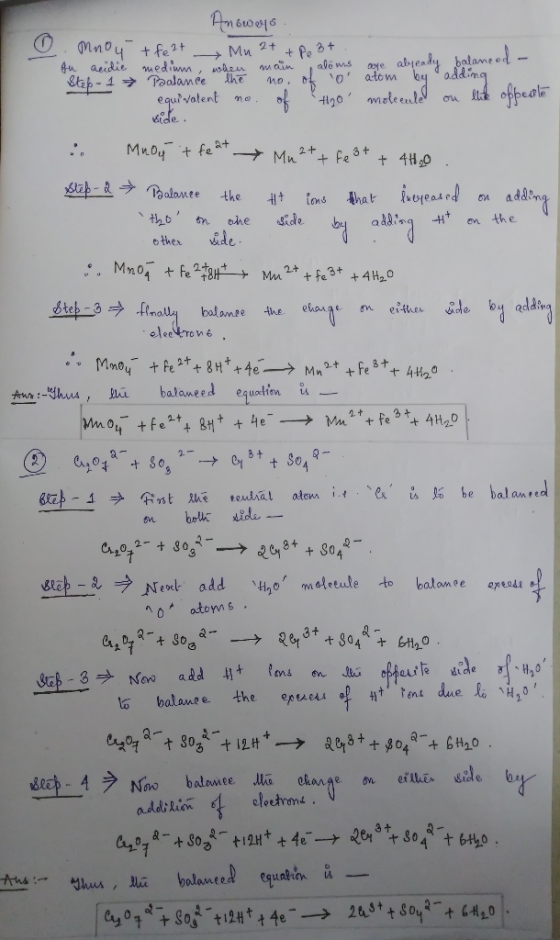 Answers . Mnou + felt - Mu 2+ + pe 3t. fu acidie medium, when main aloms are already balanced equivalent no. of tho molecule